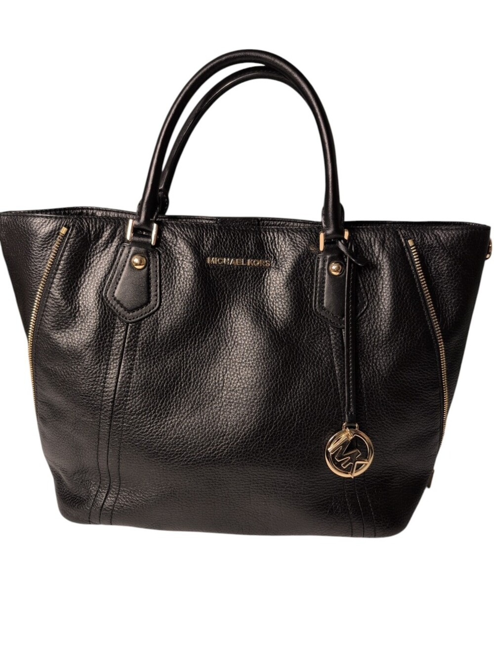 Michael Kors Black Pebbled Leather Tote Bag Purse Handbag Satchel Side Zip